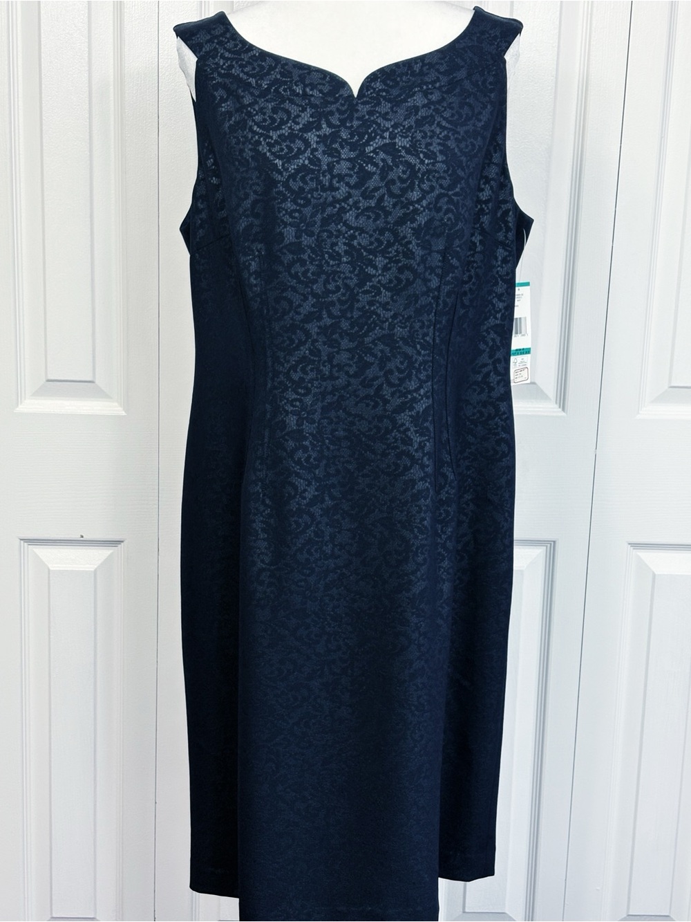 NWT Jones New York Navy Blue Damask Print Sleeveless Career Sheath Dress 16